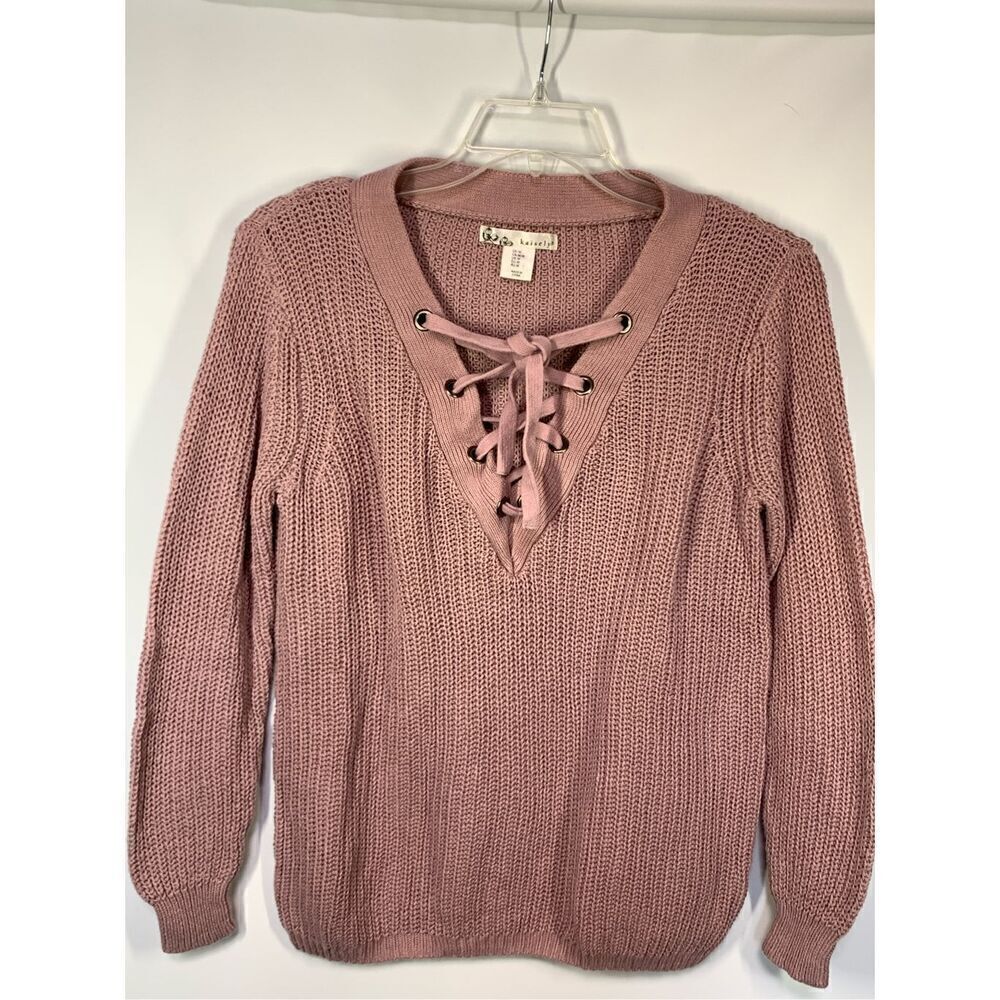 -3. Kaisely Women's Cotton Cable Knit Lace Up Front V-Neck Sweater Pink‎ Medium